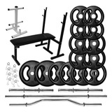 Kit 60kg Anilhas De Ferro Barras Suporte E Banco Para Supino