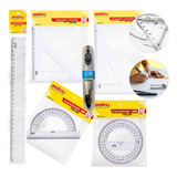 Kit 6un Escolar Transferidor Esquadro Compasso Matemática