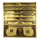 Kit 7 Cedulas Notas Dolar Americano Eua Metalizada Ouro