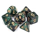 Kit 7 Dados Rpg Nebula Glitter Verde Com Preto C-n- Dourado D4 D6 D8 D10 D10- D12 D20