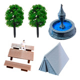 Kit 7 Miniaturas Maquete Árvores Mesa Banco Fonte Barraca
