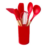 Kit 7 Utensílios De Cozinha De Silicone Com Cabo De Madeira