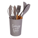 Kit 7 Utensílios De Cozinha Em Silicone Cabo Bambu Talheres
