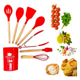Kit 7 Utensilios De Cozinha Silicone Cabo De Madeira Premium