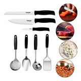 Kit 7 Utensílios E Facas Cozinha Aço Inox E Cabos Pretos