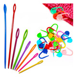 Kit 8 Agulhas Plásticas 20 Marcador Tapeçaria Crochê Costu