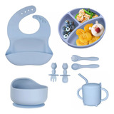 Kit 8 Alimentação Bebê Silicone Prato Babador Alimentar