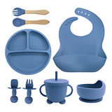 Kit 8 Alimentação Bebê Silicone Prato Babador Copo Tigela Cor Azul aço