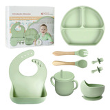 Kit 8 Alimentação Bebê Silicone Prato Babador Copo Tigela
