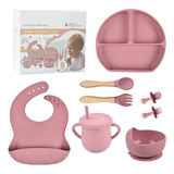 Kit 8 Alimentação Bebê Silicone Prato Babador Copo Tigela