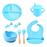Kit 8 Alimentação Bebê Silicone Prato Babador Introdução Alimentar Infantil Conjunto Papinha Pratinho Cor Azul Azul claro