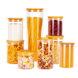 Kit 8 Potes Mantimentos Vidro Herméticos Com Tampa Bambu Alta Resistência Epsilon Eps 709