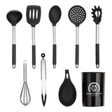 Kit 9 Utensilios De Cozinha Silicone C Cabo Aço Inox