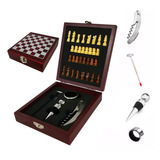 Kit Abridor De Vinho 4 Peças Com Jogo De Xadrez Maleta
