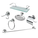 Kit Acessório Para Banheiro Aço Inox 6 Peças Com Porta Shampoo Vidro Retangular