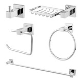 Kit Acessórios Banheiro 5 Peças Aço Inox Quadrado Prata Luxo