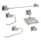 Kit Acessórios Banheiro Metal 5 Peças Luxo Quadrado Polido