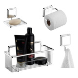 Kit Acessórios De Banheiro 4 Peças Adesivo Gancho Cromado