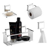 Kit Acessórios Para Banheiro 4 Peças Gancho Adesivo Cromado