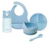 Kit Alimentação Bebê Buba Pratinho Com Ventosa Bowl Silicone Talheres Bambu Babador Pega Migalhas Jogo Americano Copo Térmico Cores Azul Verde Rosa Seguro Livre De BPA Lava Louças Babador Bowl Colher De Silicone Pratinho E Garrafa Térmica Azul 