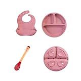 Kit Alimentação Bebê Prato Com Ventosa Colher E Babador Com Aparador De Migalhas Tudo Em Silicone Resistente Ao Calor E Livre De BPA Rosa 