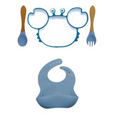 Kit Alimentação Bebê Prato Talher Babador Flexível Ventosa Cor Azul