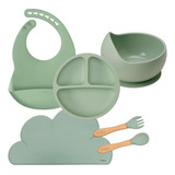 Kit Alimentação Bebê Silicone Bpa Free 5 Peças Buba Cor Verde Kit 5 Peças Silicone E Bambu