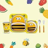 Kit Alimentação Infantil 5 Itens De Fibra De Bambu Biodegradável Prato Pote Colher Garfo Copo Abelha LionLemon Store