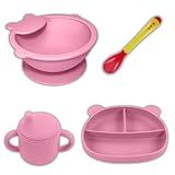 Kit Alimentação Refeição Infantil 4 Peças Bebê Silicone Atóxico Introdução Alimentar BLW Tigela Prato Divisória Com Ventosa Colher Termosensível E Copo Com Bico Livre BPA Rosa 