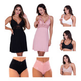 Kit Amamentação 2 Camisola 2 Calcinha Pós Parto 3 Sutiã