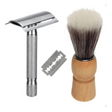 Kit Aparelho Barbear De Metal Com Lâmina Pincel Cabo Madeira