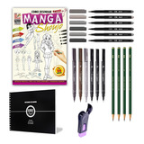 Kit Aprenda A Desenhar Mangá Shoujo Lápis Caneta Nanquim Bloco Caneta Brush
