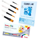 Kit Aquarela Pentel Pinceis Canson 12 Unidades 5ml