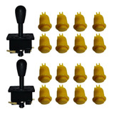 Kit Arcade 16 Botões Amarelos E 2 Comandos Pretos Fliperema
