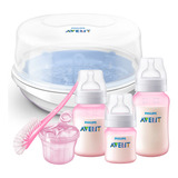 Kit Avent Mamadeira Classic Esterilizador Dosado Escova Rosa