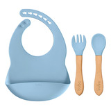 Kit Babador Bolso E Talheres Em Silicone E Bambu Azul Buba
