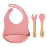 Kit Babador Pega Migalhas Talheres Silicone Bambu Rosa Buba