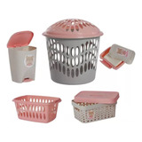 Kit Baby Menina Rosa Cesto Roupa Lixeira Saboneteira Bebe