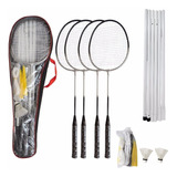 Kit Badminton Pro 4 Raquetes 2 Petecas C Rede E Suporte