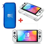 Kit Bag + Case + Película De Vidro Para Nintendo Switch Oled Cor Bag Azul + Capa Silicone Transparente