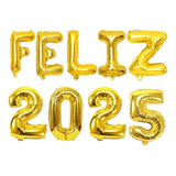 Kit Balão Metalizado Feliz 2025 Letra Número Ano Decora Cor Dourado