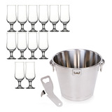 Kit Balde Gelo Bar 6l Abridor 12 Taças Cerveja Vidro 385ml