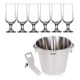 Kit Balde Gelo Bar 6l Abridor 6 Taças Cerveja Vidro 385ml