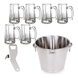 Kit Balde Gelo Bar Cerveja 6l Abridor 6 Canecas Vidro 360ml