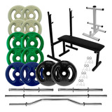 Kit Banco Para Supino 50kg Anilhas Emborrachadas Barras