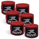 Kit Bandagem Elástica 5 M Muvin Com 3 Pares Com Fechamento Em Fecho De Contato E Alça Para Polegar Atadura De Proteção Para Mãos E Punhos Faixa De Boxe Muay Thai Artes Marciais MMA Luta Treino Vermelho 