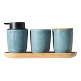 Kit Banheiro 3 Peças Cerâmica Sabonete escova Porta Algodão Cor Azul Marmorizado