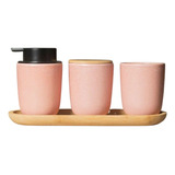 Kit Banheiro 3 Peças Cerâmica Sabonete escova Porta Algodão Cor Rosa Marmorizado