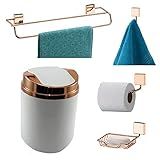Kit Banheiro 5 Peças Lixeira Papeleira Toalheiro Duplo Cabide Saboneteira Cobre Rose Gold Future Branco