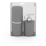 Kit Banheiro Dispenser Sabonete Porta Escova Dente Cinza